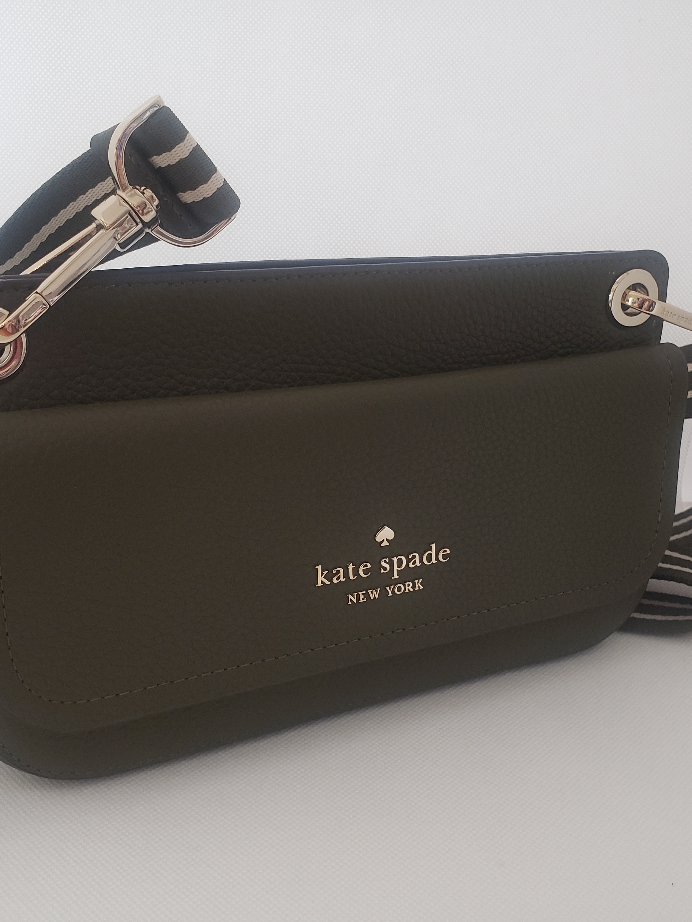 Kate Spade Olive Green Leather Crossbody With Striped Strap And Gold Hardware